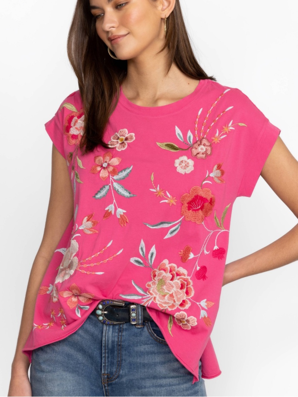 Johnny Was Pink Floral Embroidered Short Sleeve T-Shirt Top Women’s Size S*31